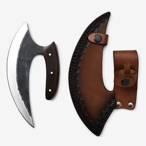 Hand-Forged Carbon Steel Ulu Knife with Premium Tooled Leather Sheath