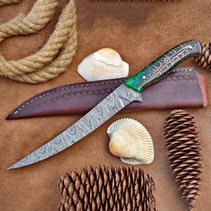 Premium Hand-Forged Damascus Long Hunting Knife with Emerald Resin Hybrid Grip