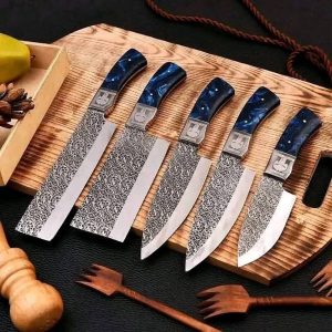 Premium Hand-Forged Damascus Kitchen Knife Set with Engraved Bolsters & Blue Resin Grips