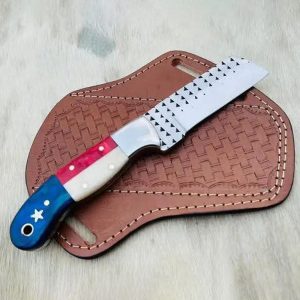 Custom Patriotic Cleaver-Style Fixed Blade with Basketweave Leather Sheath