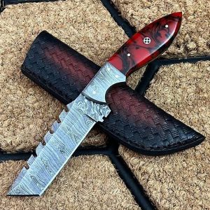 Premium Hand-Forged Damascus Tracker Knife with Crimson Resin Grip & Basketweave Sheath