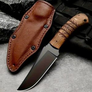 Premium Black-Coated Tactical Hunting Knife with Laser-Etched Wooden Grip & Custom Sheath