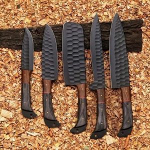 Premium Black-Hammered Kitchen Knife Set with Ergonomic Dark Wood Grips
