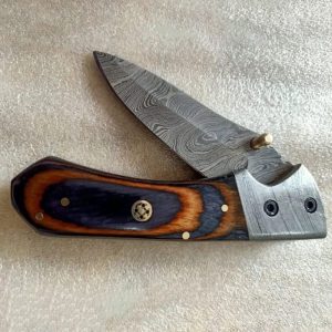 Premium Custom Damascus Folding Pocket Knife with Wood & Purple Resin Handle