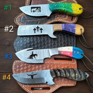 Custom Hand-Forged Damascus Hunting & Skinner Knife Series with Laser-Etched Art & Leather Sheaths