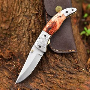 Premium Custom Folding Pocket Knife with Stag Handle & Engraved Damascus Bolster
