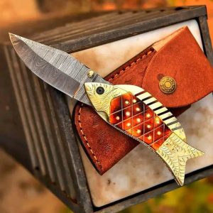 Handmade Damascus Pocket Knife with Sculpted Brass & Resin Fish Handle & Leather Sheath