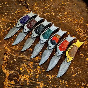 Handmade Damascus Pocket Knife Collection with Colorful Honeycomb-Resin Fish Handles