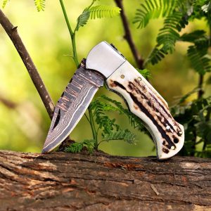 Premium Custom Damascus Folding Pocket Knife with Stag Antler Handle & Bolster