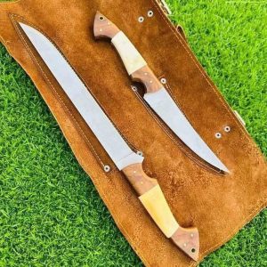 Premium Custom Hunting Knife Duo with Segmented Bone & Wood Grips and Dual Sheath Rig