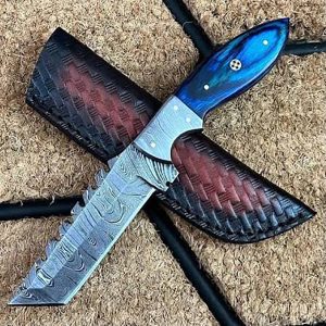 Premium Hand-Forged Damascus Tracker Knife with Crimson Resin Grip & Basketweave Sheath