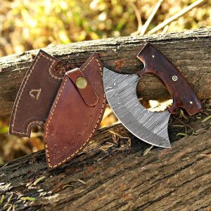 Custom Damascus Steel Ulu Knife with T-Grip Handle & Leather Sheath