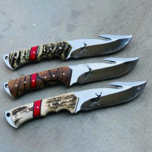 Premium Mirror-Polished Hunting Knife Trio with Stag, Wood & Gut-Hook Profiles