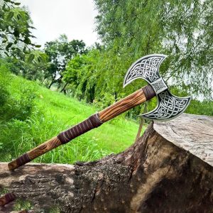 Premium Celtic Knotwork Double-Bitted Battle Axe with Leather-Wrapped Handle