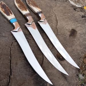 Premium Custom Mirror-Polished Hunting Knife Set with Stag Antler & Turquoise Grips