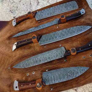 Premium Hand-Forged Damascus 5-Piece Knife Collection with Dark Wood Handles & Roll Sheath