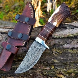 Premium Hand-Forged Damascus Hunting Knife with Stacked Leather & Stag Grip and Scout Sheath