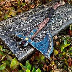 Premium Norse Runic Battle Axe Replica with Engraved Wooden Display Box