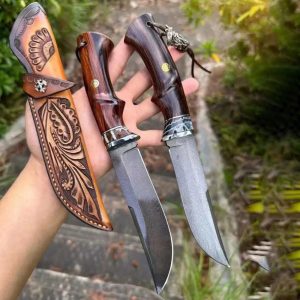 Premium Custom Hunting Knife Duo with Dark Hardwood Grips & Ornate Tooled Sheath