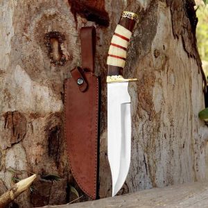 Premium Custom Bowie Knife with Segmented Bone & Wood Grip and Leather Sheath