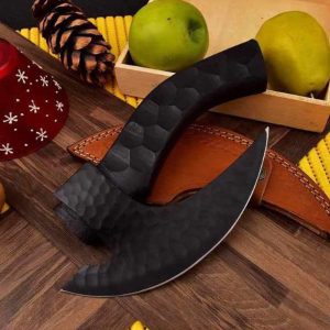 Tactical Blackout Hammered Steel Ulu Knife with Leather Sheath