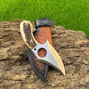 Premium Custom Tracker Skinning Knife with Stag Handle, Finger Ring & Basketweave Sheath