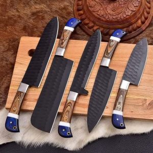 Premium Black-Forged Kitchen Knife Set with Wood & Blue Resin Hybrid Grips