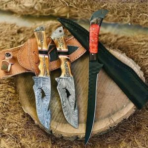 Premium Custom Damascus Hunting Set with Marlin Cutouts & Red Resin Slicing Knife