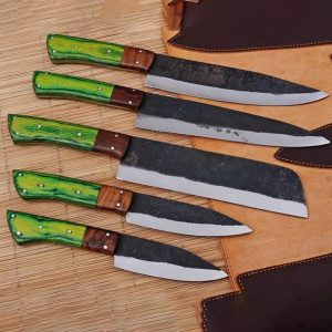 Hand-Forged Dual-Tone Kitchen & Utility Knife Set with Lime Green Pakkawood Grips