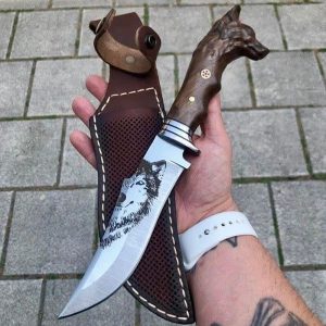 Premium Custom Hunting Knife with Carved Wolf Head Handle & Laser-Etched Wolf Blade