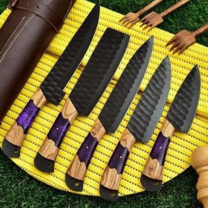 Premium Black-Forged Kitchen & Utility Knife Set with Purple Resin Hybrid Grips