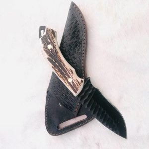 Premium Blackout Hammered Hunting Knife with Authentic Stag Antler Grip