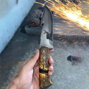 Premium Custom Gut Hook Hunting Knife with Buck Silhouette & Stag Antler Grip