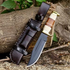 Premium Tactical Blackout Hunting Knife with Custom Bone & Wood Handle