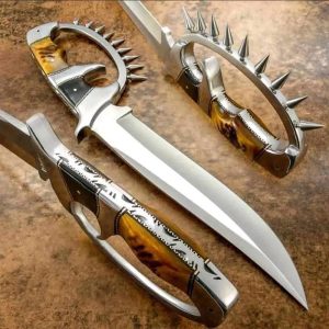 Custom Spiked D-Guard Tactical Bowie Knife with Bone Handle