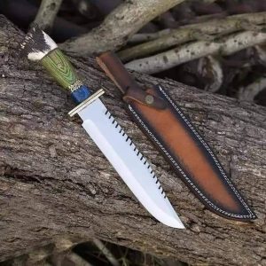 Custom Sawback Survival Bowie Knife with Stag Crown & Multi-Wood Handle