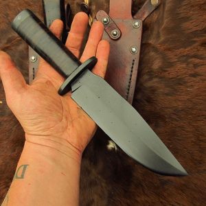 Stealth Black Tactical Fixed Blade Bowie Knife with Leather Sheath