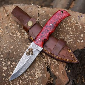 Custom Damascus Steel Knife with Heart Cutout & Vibrant Red Handle