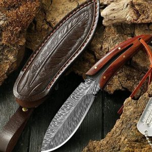 Premium Feather Pattern Damascus Steel Hunting Knife with Tooled Leather Sheath
