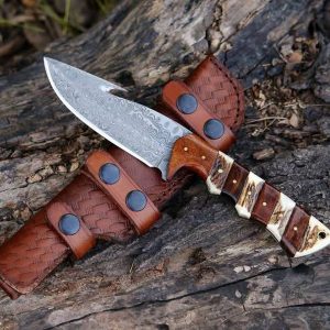 Premium Damascus Steel Gut Hook Skinner with Segmented Bone & Hardwood Grip