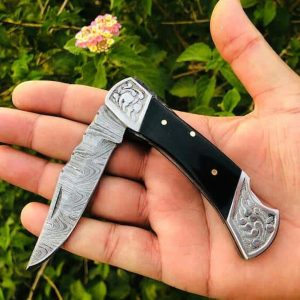 Premium Hand-Forged Damascus Folding Knife with Engraved Bolsters & Polished Horn Grip