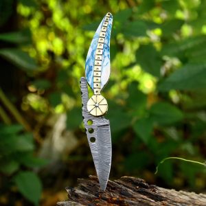 Premium Custom Damascus Steel Art Knife with Spine-Filework & Blue Resin Handle