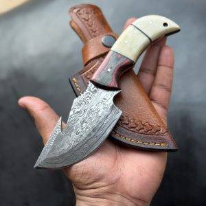 Premium Damascus Steel Tracker Gut Hook Skinner with Segmented Bone & Pakkawood Grip