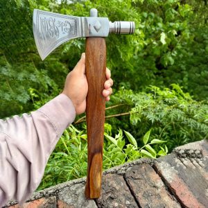 Checker Grip Engraved Axe with Leather Sheath