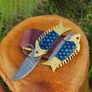 Hand-Crafted Damascus Steel Folding Fish Pocket Knife with Brass & Blue Resin Scale