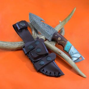 Premium Damascus Steel Gut Hook Skinner with Turquoise Inlay & Scout Sheath