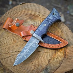 Premium Feather Pattern Damascus Hunting Knife with Custom Two-Tone Sheath