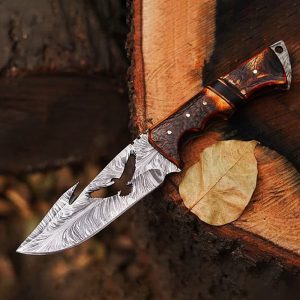 Premium Custom Damascus Gut Hook Hunting Knife with Eagle Silhouette & Stag Bone Grip