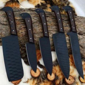 Premium 5-Piece Blackout Hammered Kitchen Knife Set with Dark Hardwood Grips
