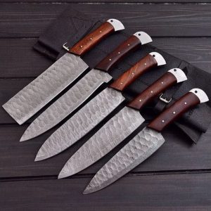 Premium 5-Piece Hammered Damascus Steel Chef Knife Set with Hardwood Handles